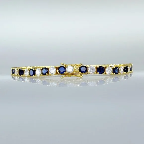 Mens 14K Gold 2ct Blue Sapphire Gemstone Diamond Tennis Bracelet 7 7.5 8 Size